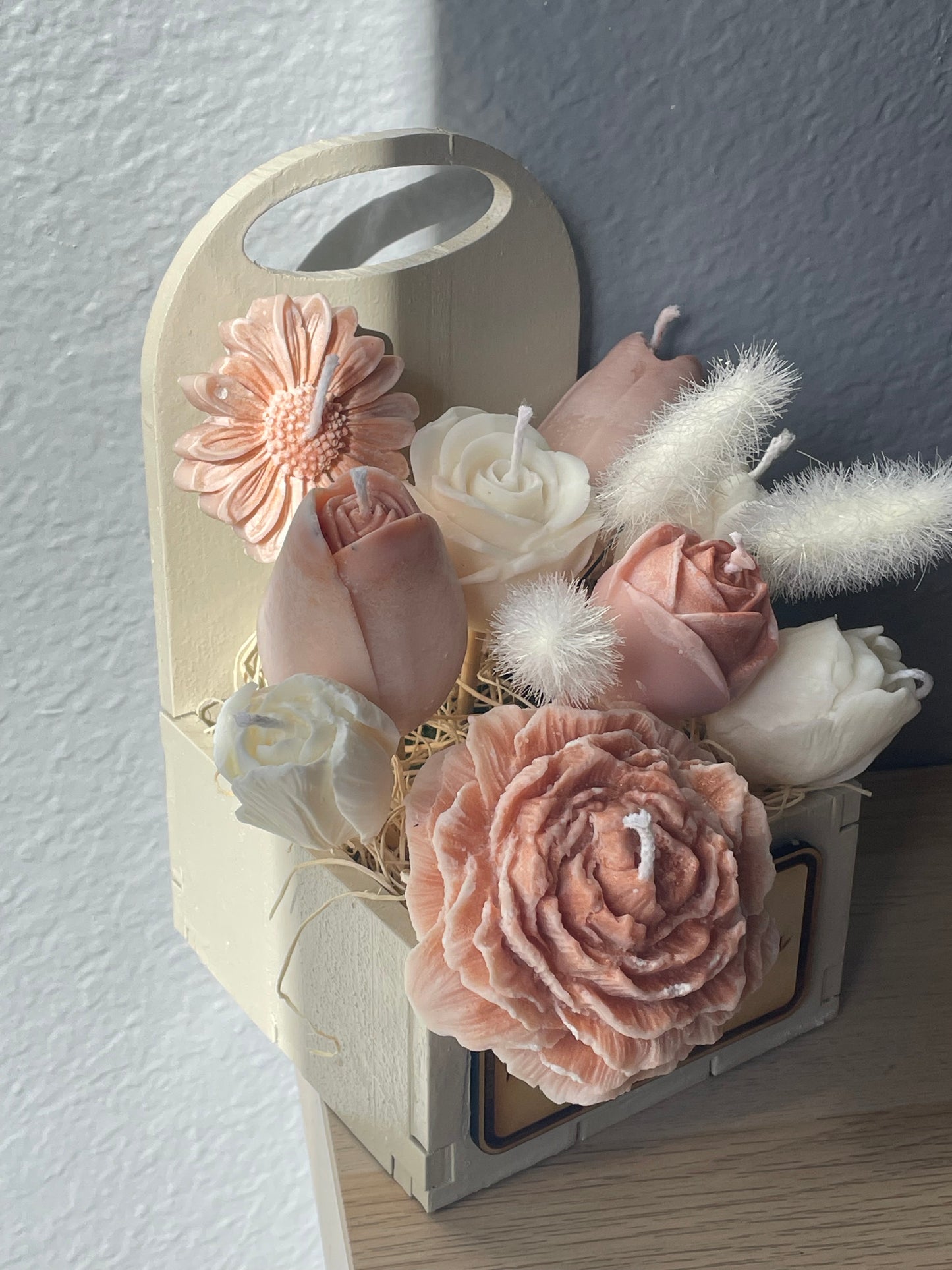 Wax Flower Bouquet in Rustic Wooden Box – Soy & Coconut Blend