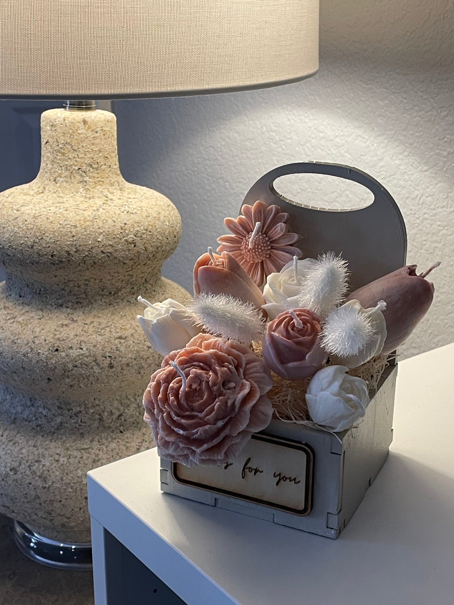 Wax Flower Bouquet in Rustic Wooden Box – Soy & Coconut Blend