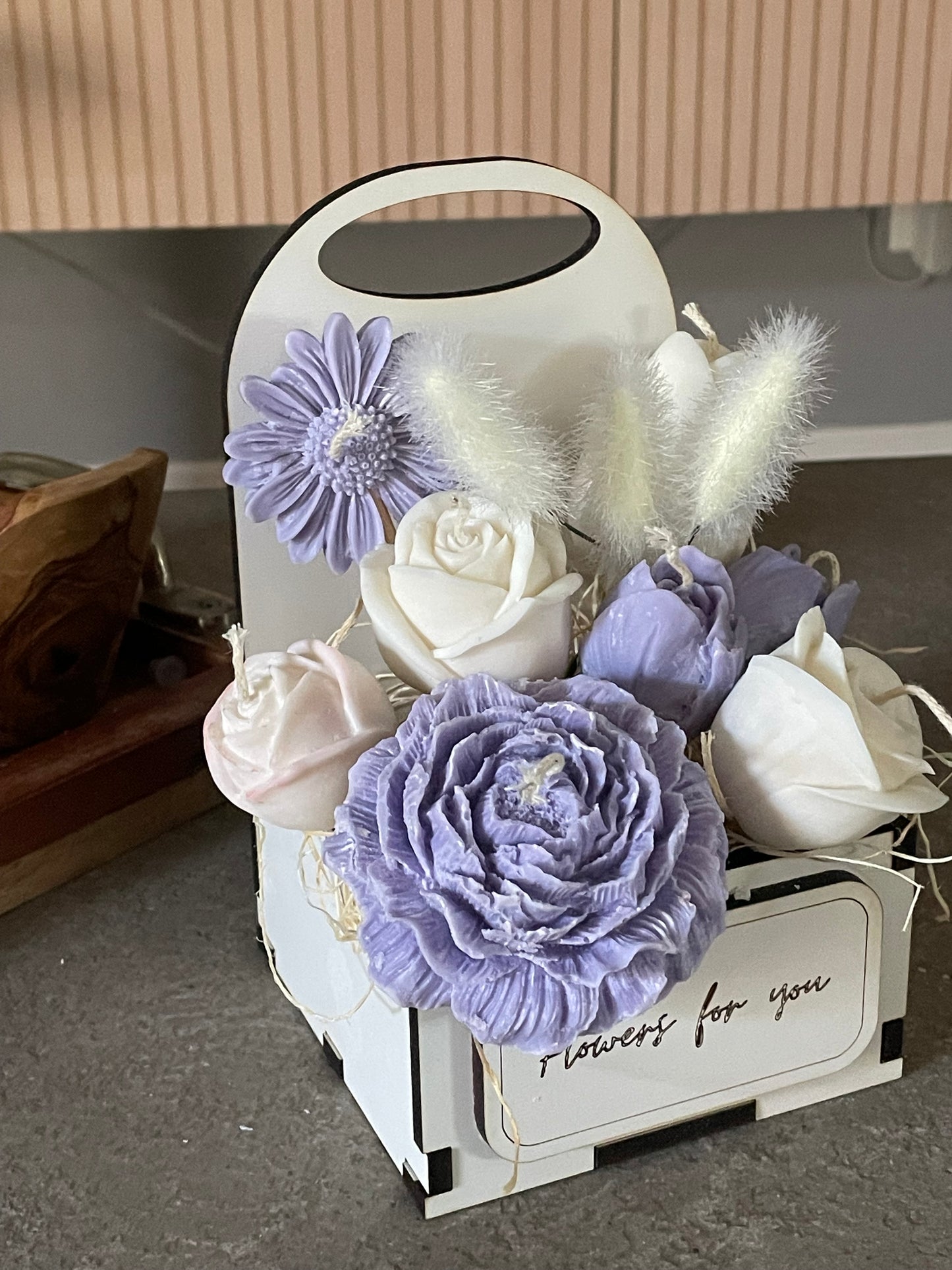 Wax Flower Bouquet in Rustic Wooden Box – Soy & Coconut Blend