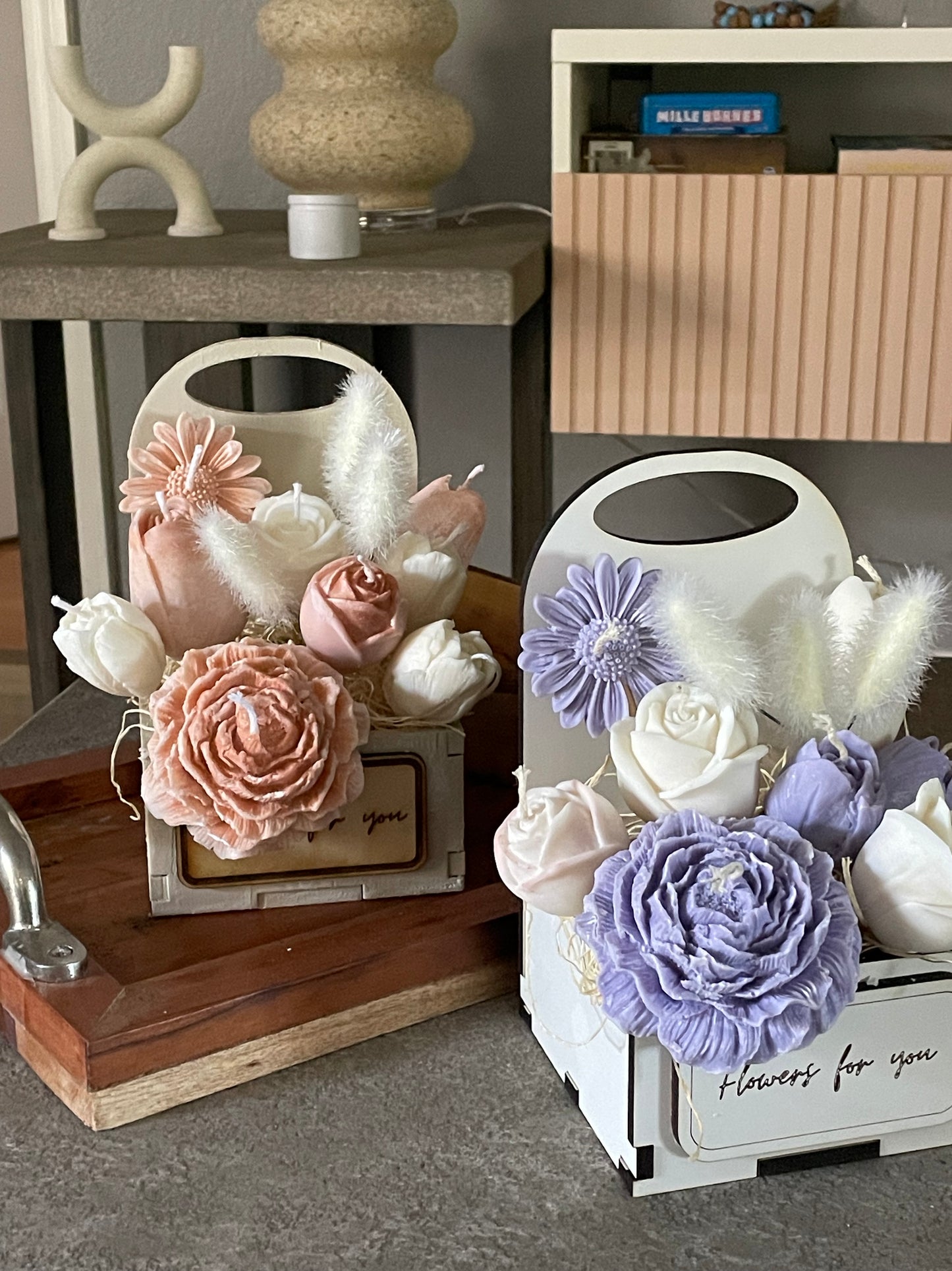 Wax Flower Bouquet in Rustic Wooden Box – Soy & Coconut Blend