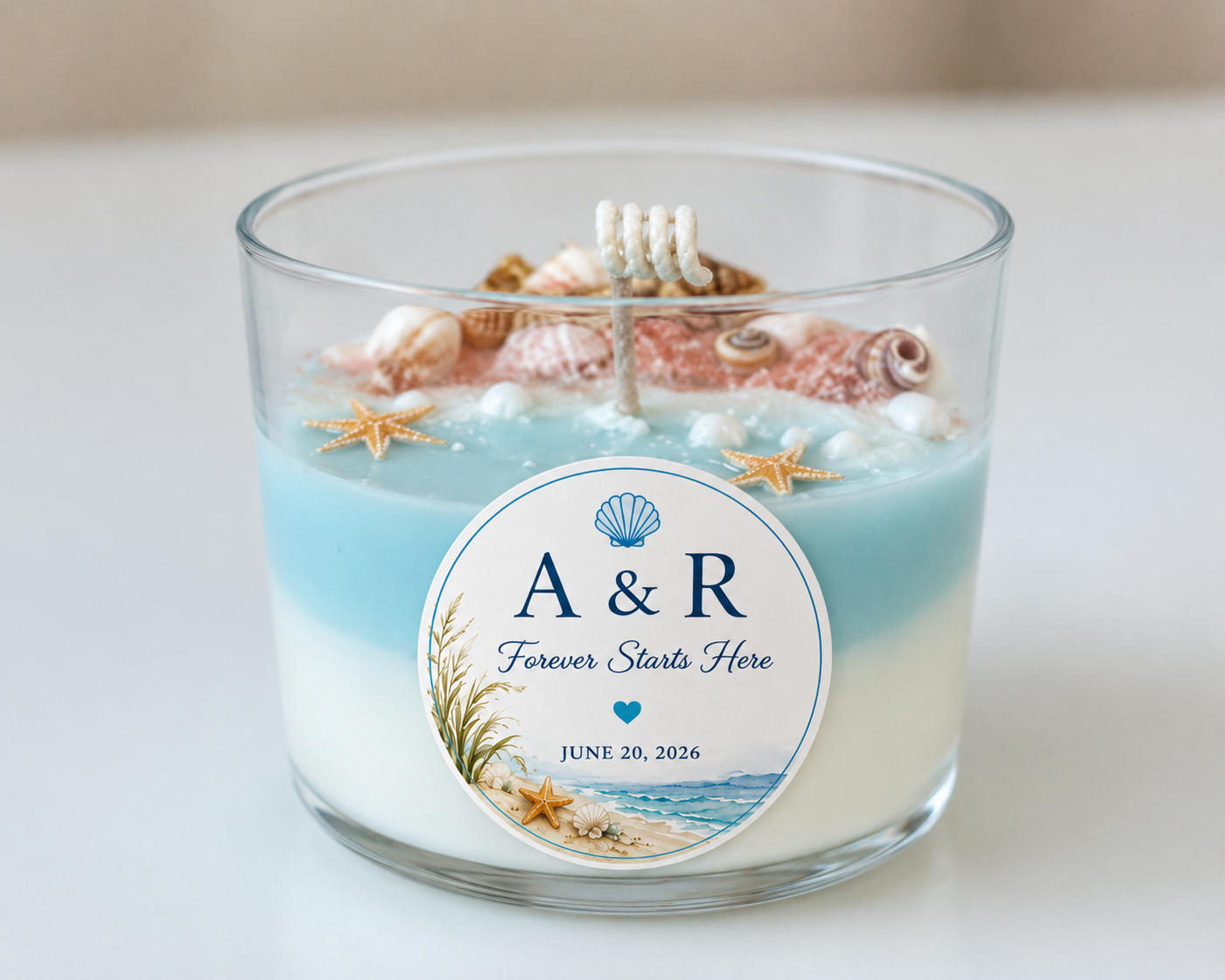 Personalized Marine Paradise Candle, Beach Wedding Favor, Seashell Decor, Soy Wax