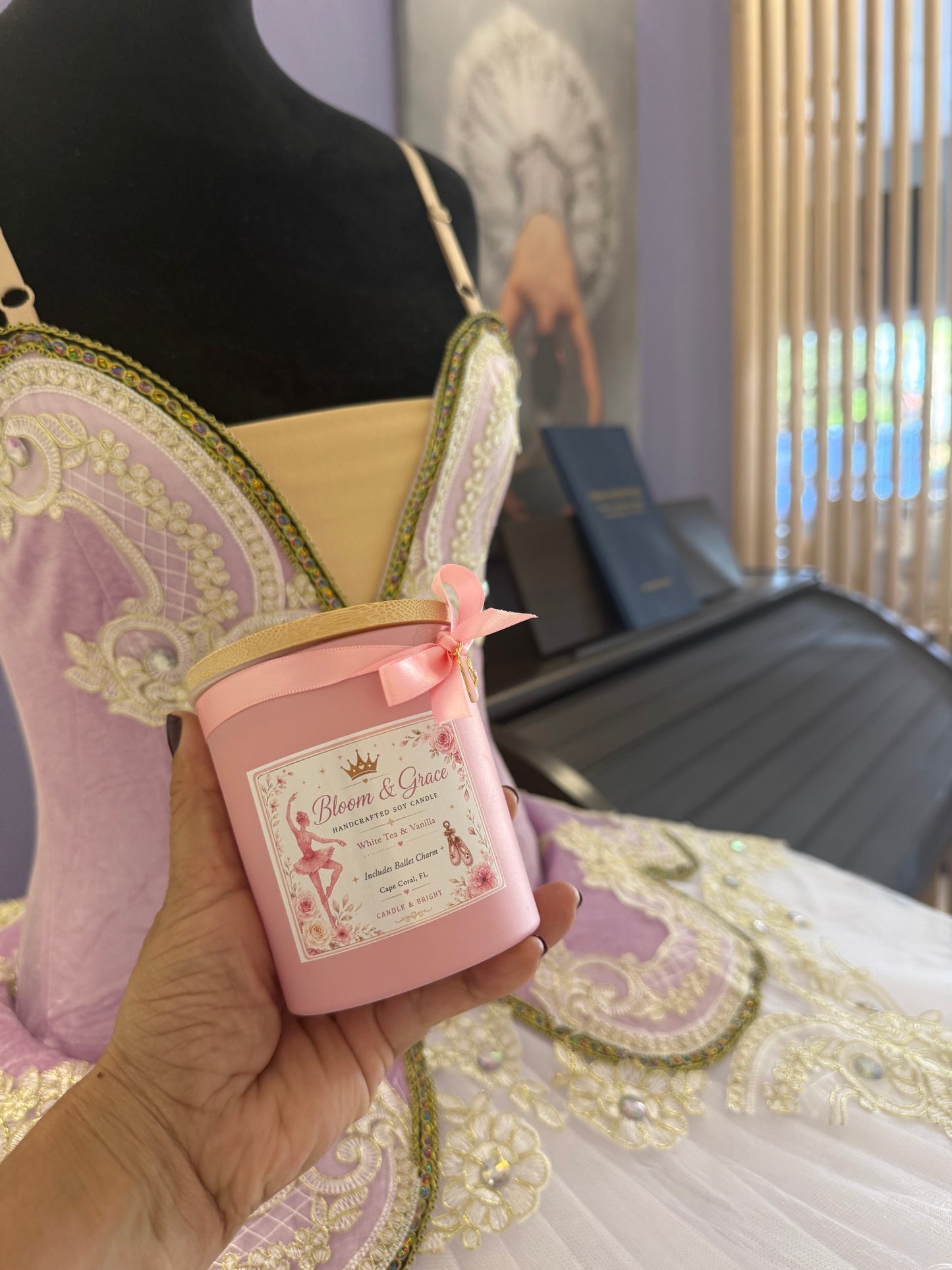 Personalized Ballet Inspired Soy Candle | White Tea Vanilla Scent, Ballet Slipper Charm