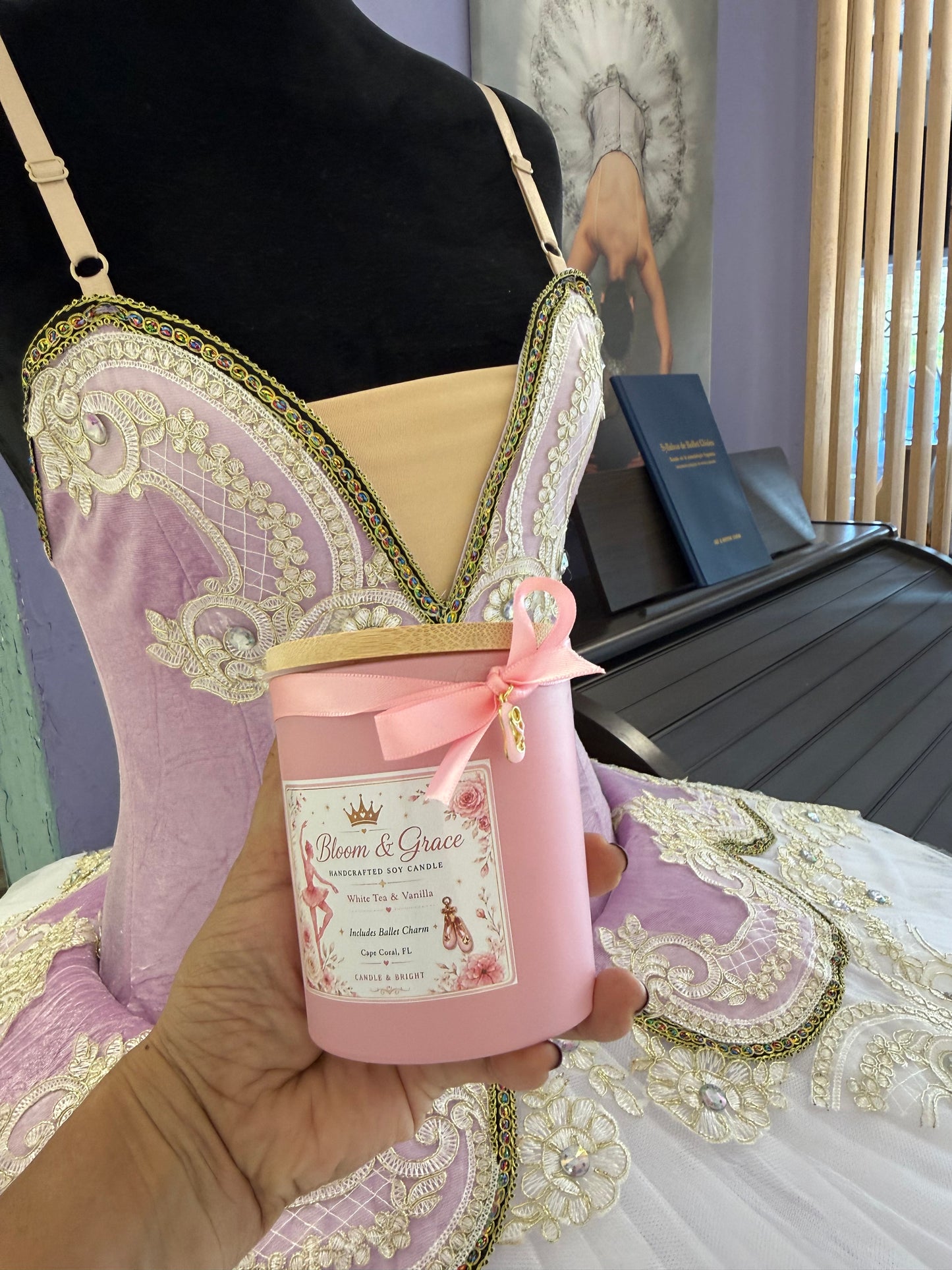Personalized Ballet Inspired Soy Candle | White Tea Vanilla Scent, Ballet Slipper Charm