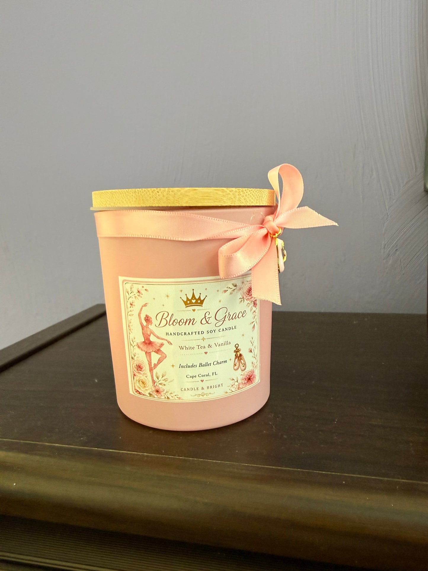 Personalized Ballet Inspired Soy Candle | White Tea Vanilla Scent, Ballet Slipper Charm