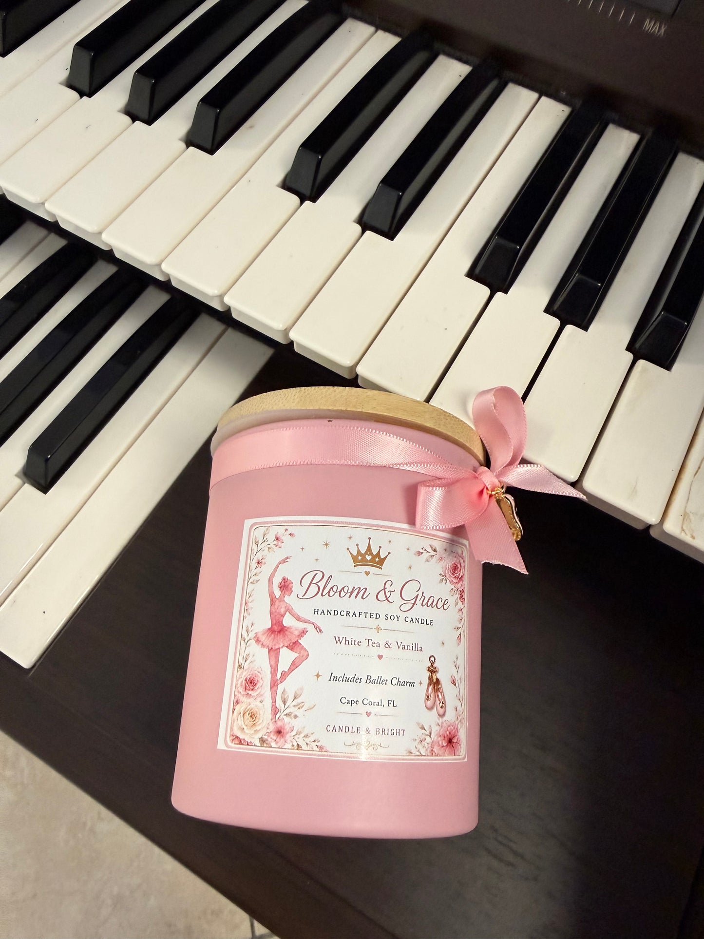 Personalized Ballet Inspired Soy Candle | White Tea Vanilla Scent, Ballet Slipper Charm