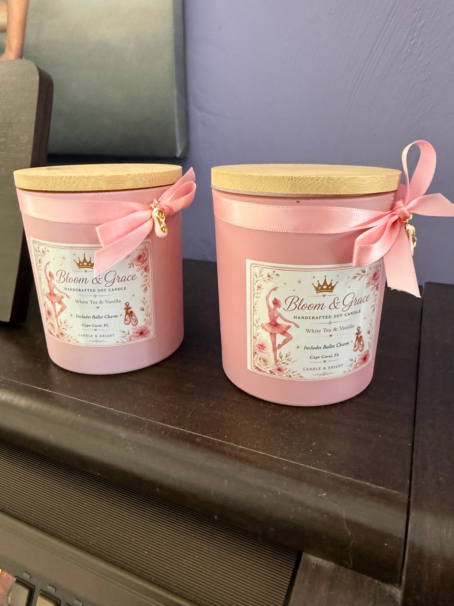Personalized Ballet Inspired Soy Candle | White Tea Vanilla Scent, Ballet Slipper Charm