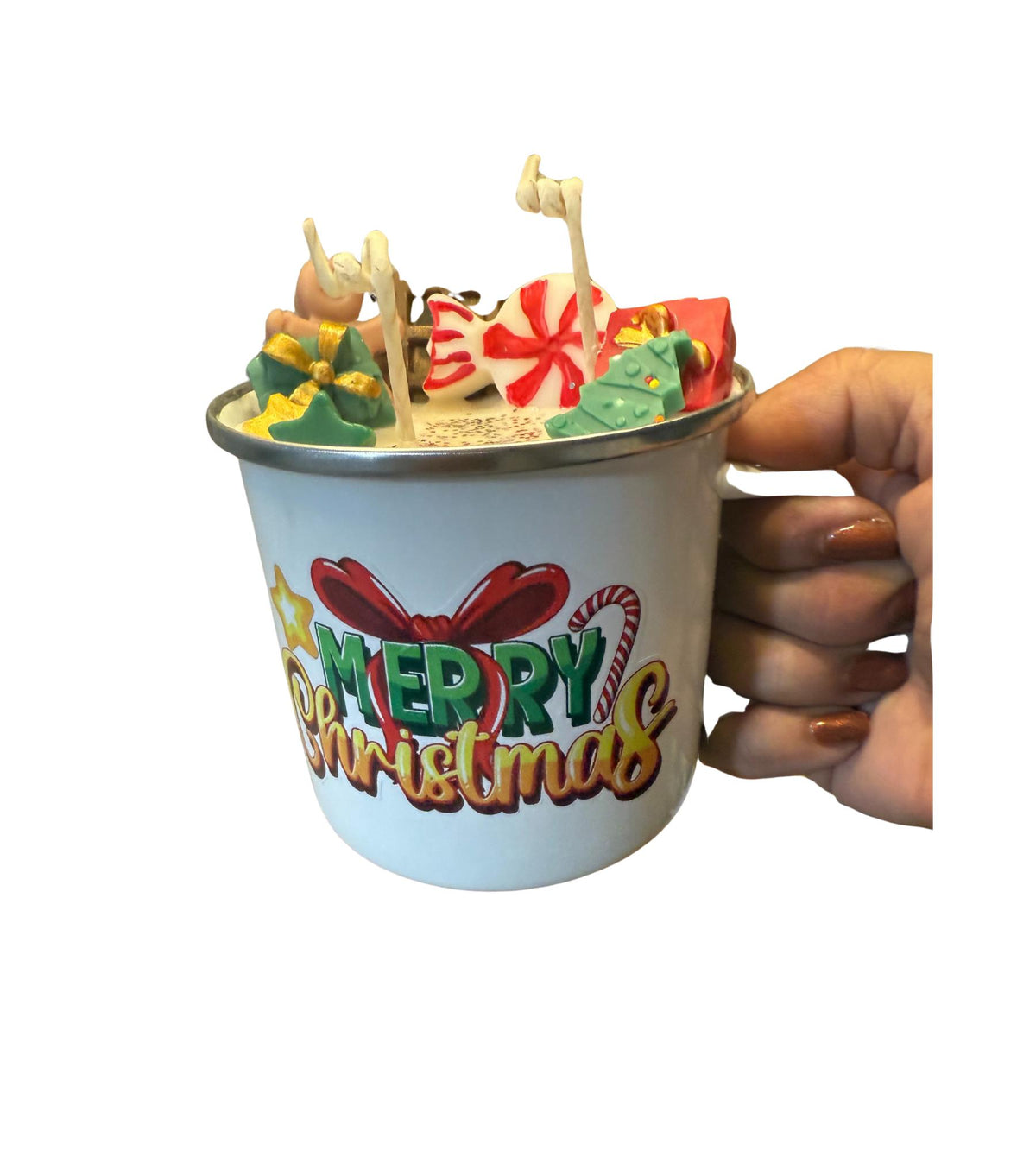 Christmas Mug Candle – Festive Enamel Camp Mug, Hand-Poured Soy Wax