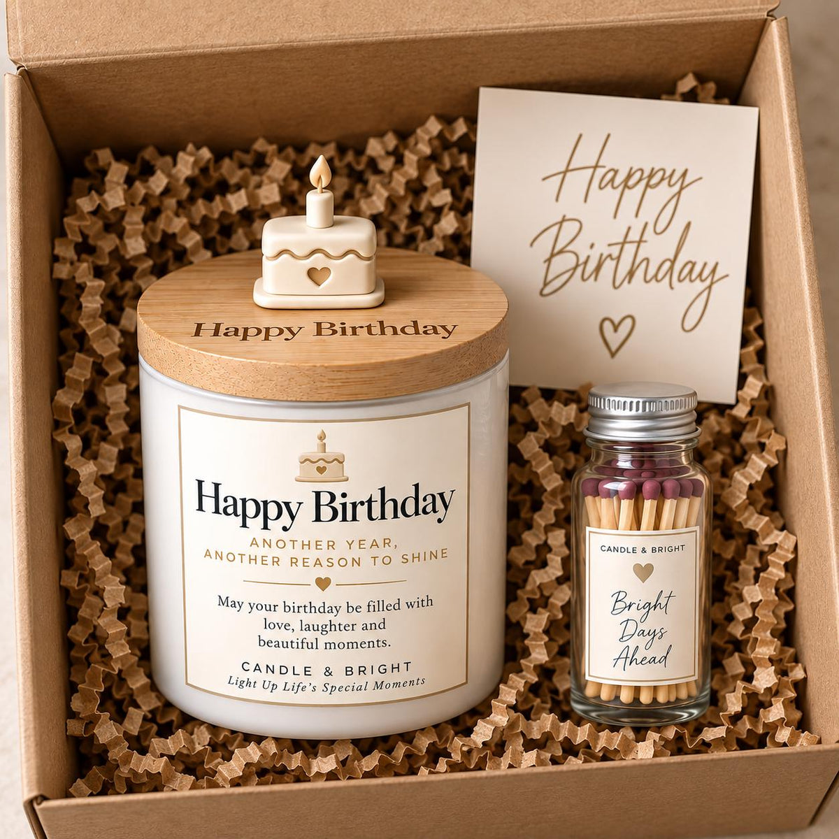 Happy Birthday soy candle gift set with engraved bamboo lid