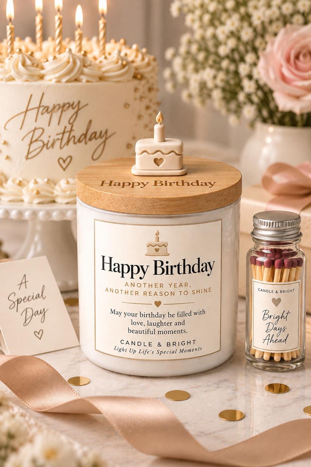 Happy Birthday soy candle gift set with engraved bamboo lid